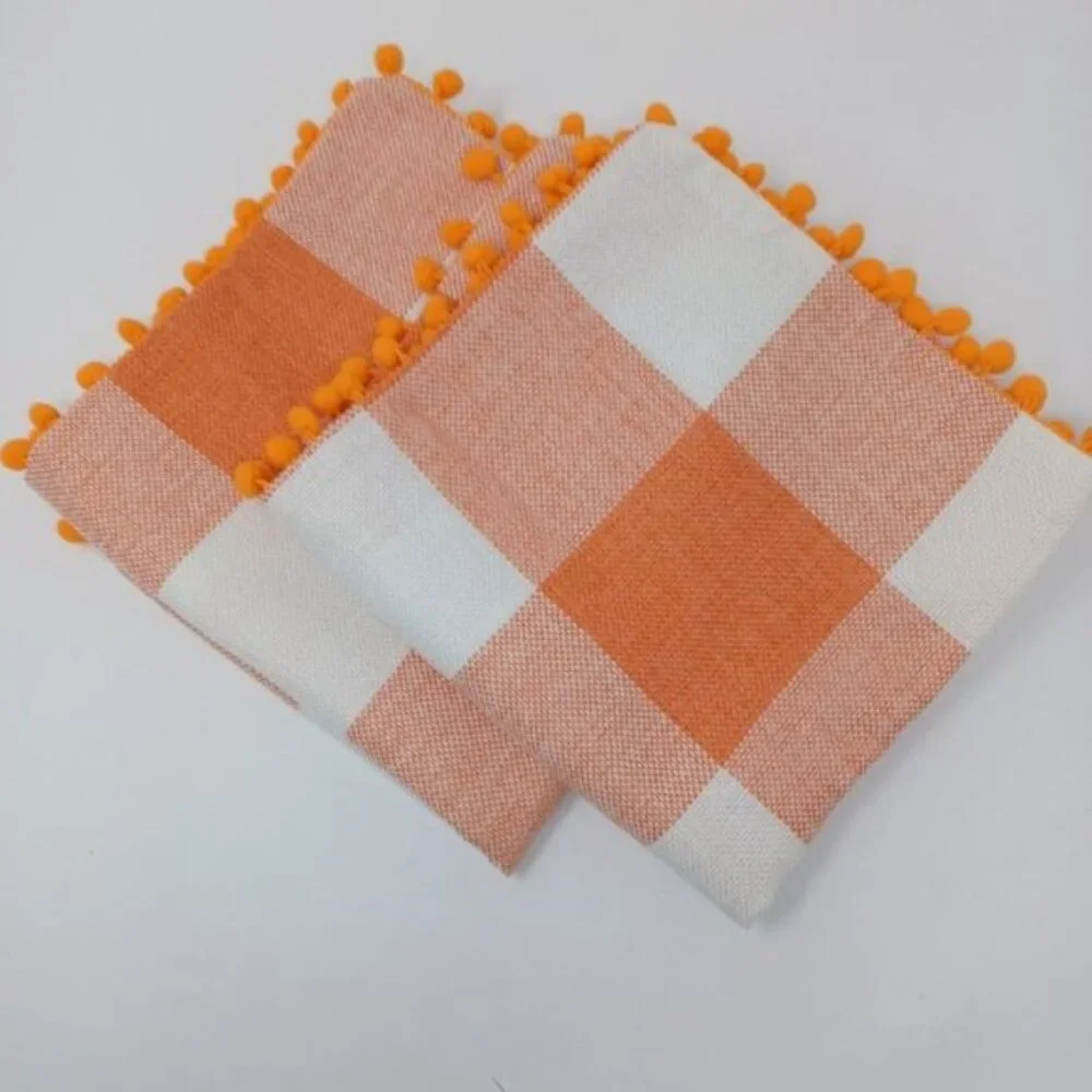 Set of 2 Decorative Plaid Throw Pillow Covers with Pom Poms | 18x18